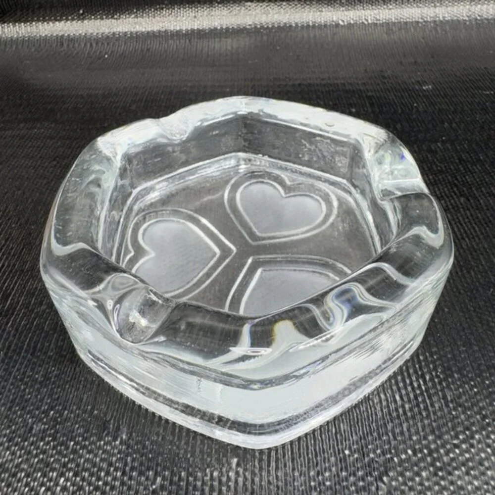 Vintage Scandinavian Clear Glass Dish Bowl Ashtray With Frosted Satin Hearts VTG